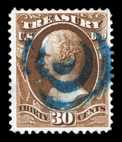 O112, 30c Treasury on soft wove paper, gorgeous rich color and a sharp impression, well centered and margined, deep blue target cancel, very fine a most attractive official
stamp 1994 and 2001 PF certificates ex-Twigg-Smith.