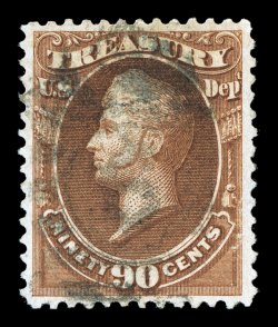 O113, 30c Treasury on soft wove paper, exceptionally well centered, deeply rich color and a well incised impression, fairly light cancel, extremely fine a very scarce and
highly desirable stamp in this select quality 2000 PF certificate.
