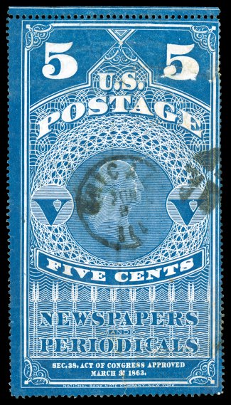 PR1, 5c Dark blue, attractive appearing single with top sheet margin, deep color and a Chicago, Ill. c.d.s. and quarter cork handstamp, with small pieces of the original
newspaper still adhering to the reverse, faults but fully intact, fine