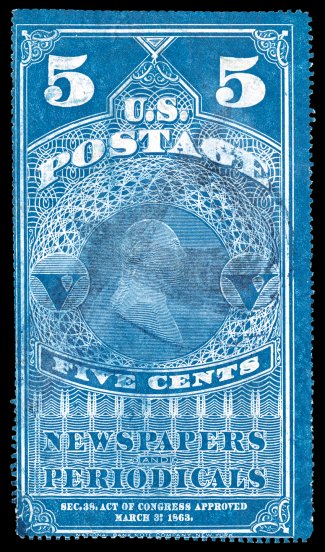 PR1, 5c Dark blue, strong rich color, light blue P brush stroke cancel, two small tears, thin and some clipped perfs. at left, fine appearance 2005 PF certificate as the blue
shade.