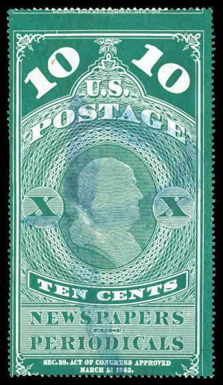 PR2, 10c Blue green, blue brush stroke P cancel that is uncharacteristically light, two small thin spots and one minor tear, overall quite fine 2005 PF
certificate.