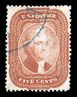 27, 5c Brick red, Ty. I, a most attractive example of this scarce stamp, being exceedingly well centered and margined, bright color, cancelled solely by a light blue town
c.d.s., extremely fine the Five Cent Brick Red is rarely seen with an