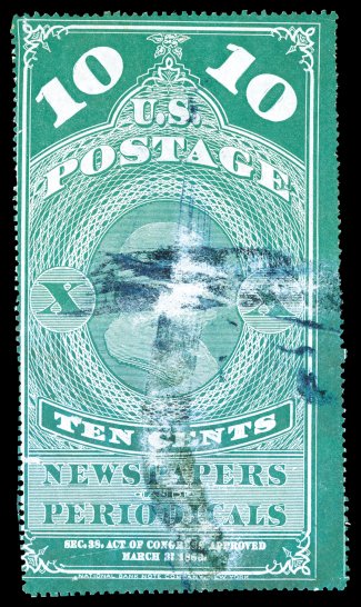 PR2, 10c Blue green, bright color, blue brush stroke cancel, surface scrapes and a couple other trivial flaws, fine appearance 2005 PF certificate.