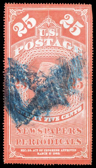 PR3, 25c Orange red, blue brush stroke P cancel, excellent centering, strong color, just a few slightly trimmed perfs. at top right, small faults including a horizontal crease
ending in a sealed tear, very fine appearance 2005 PF certificate.