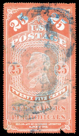 PR3, 25c Orange red, bright color, blue brush stroke cancel, two small pieces out at bottom, a few other small faults, fine appearance 2005 PF certificate.
