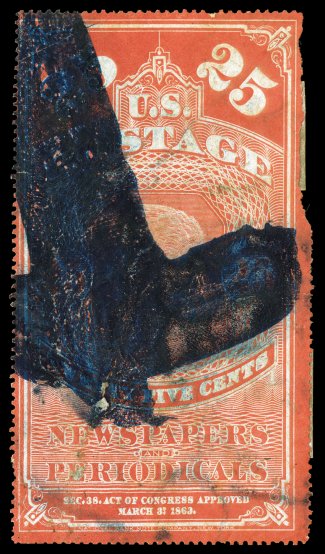 PR3, 25c Orange red, bold blue brush stroke P cancel, a few small pieces out and faintly soiled, fine appearance 2005 PF certificate.