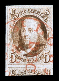 1a, 5c Dark brown, impressive single, with four margins ranging from full to huge at bottom, showing a significant portion of the adjoining stamp, strong color and a fine
impression, bright red c.d.s., extremely fine 1980 PF certificate.