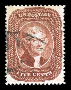 28, 5c Red brown, Ty. I, very well centered within unusually large margins, rich color and a detailed impression, lightly cancelled, pinpoint thin speck, otherwise extremely
fine clear 1987 PF certificate.