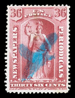 PR18, 36c Rose, outstanding color that is remarkably deep and vibrant, well centered and margined, bright blue brush stroke X cancel, very fine 1998 PSE
certificate.