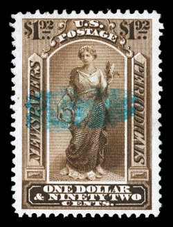 PR71, $1.92 Pale brown, a fabulous example of this stamp, being extraordinarily well centered within incredibly wide margins, plus its color is deep and luxuriant, while its
impression is highly detailed, light blue brush stroke cancel, extremel