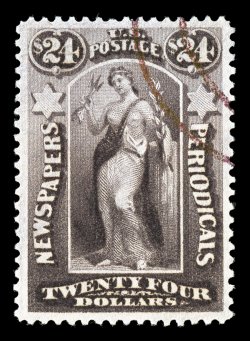 PR76, $24.00 Dark violet, marvelously well centered within exceptionally large margins, strong rich color, light violet handstamp cancel at top right, pinpoint thin speck,
otherwise extremely fine.