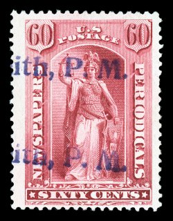 PR86, 60c Carmine, well centered within huge margins, lovely rich color, neat violet straight line handstamp cancels, very fine 1989 PF certificate.