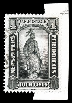 PR92, 4c Intense black, cancelled by light face-free handstamp, still partially affixed to a piece of the U.S. Post Office form, well centered, strong impression, very fine
this is an important newspaper rarity in several respects: it is