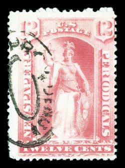 PR95, 12c Pink, characteristic pastel color, light oval handstamp cancel of Providence, Rhode Island, small internal crease at top left, otherwise fine only two or three other
used examples are recorded, one of which is pen cancelled and al