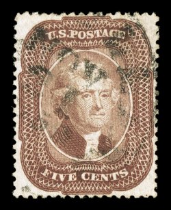 29, 5c Brown, Ty. I, exceptionally well centered, with the design clear of the perforations all around (a rare occurrence of this value), strong color and impression, light town
cancel, extremely fine 1987 PF certificate.