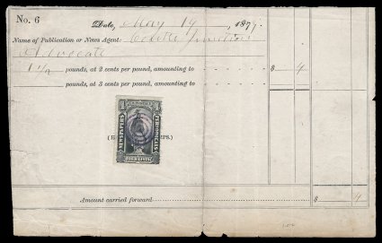 PR11, 4c Black, cancelled by socked on the nose violet target, on May 19, 1879 Post Office receipt, stamp is fresh, with natural straight-edge at top, receipt with usual file
fold and small edge tears not affecting adhesive, fine and scarce.