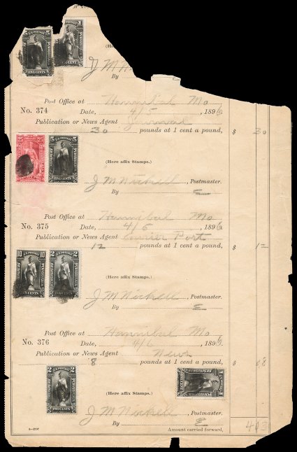PR114-18, 1c-25c 1895-97 Newspaper Issue, with two each 1c, 2c and 5c, singles of 10c and 25c, tied or cancelled by cork cancels on Hannibal, Mo. Post Office ledger page date
46 1896, 1c and 5c values at top defective from the removal of the pa