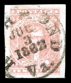 5, 10c Rose, a superb example that happens to be the G and E joined variety, which occurs only on position 10, huge even margins all around, lovely pastel color, Richmond, Va.
c.d.s. dated Jul 3, 1862, an extremely fine gem in every rega