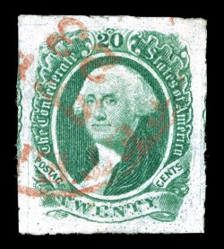 13, 20c Green, huge margins all around, rich color and a clean impression, bright red town cancel, faint corner crease at bottom right, otherwise extremely fine a stamp with
excellent eye-appeal clear 2002 PF certificate.