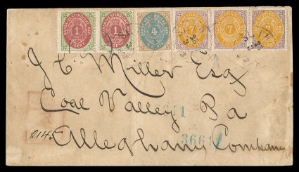 Danish West Indies interesting collection on Scott pages, appears to be a complete run of used basic Scott numbers except for 23, plus there are nine covers, including a
registered cover to U.S. with 1874 Issue 1c pair, 4c and three 7c values (s