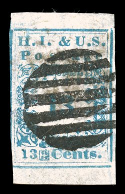 4, 13c Blue Missionary, H.I. & U.S. Postage, Type I, gigantic margins at top and bottom full margin at right and a large part of the frame line showing at left, strong color
and impression, slight kiss print at top left, bold seven bar can