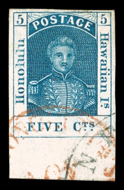 5, 5c Blue on thick wove paper, bottom sheet-margin single, with the other three margins also quite large, rich color and a sharp impression on pristine white paper, light and
face-free red Honolulu and black San Francisco pmks., small thin, non