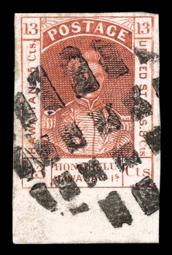 6, 13c Dark red, a most impressive used example, possessing four large margins including an extra-large sheet margin at bottom, strong rich color, large grid of squares cancel,
there is a miniscule scuff entirely in the left margin, otherwise ex
