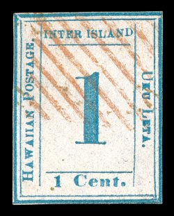 12, 1c Light blue on bluish white, Plate 2-A, Type IX (position 9), full frame lines all around, bright color and a clean impression, marvelously cancelled by an attractive red
grid of Honolulu, faint thin spot at bottom, otherwise very fine ex