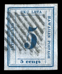 22, 5c Blue on Blue wove paper, Plate 12-A, Type VIII (position 7), striking used single, with lavishly large margins on all four sides, sharp detailed impression on fresh
paper, neat square grid cancel, just a faint hint of a crease at top righ