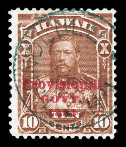 61B, 10c Red brown Color Error, Provisional Govt. in red instead of black, position 34, brilliantly rich color, much better centering than normally found, centrally struck
Honolulu circular cancel, small thin spot, very fine appearance only o