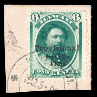 66C, 6c Green Color Error, Provisional Govt. ovpt. in black instead of red, position 30, tied to piece by Kahului c.d.s. dated March 5, better centering than typically found on
this rarity, beautifully fresh color, very fine there are only
