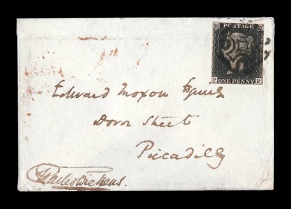 1, 1840 1p Black, plate 6, lettered P-F tied to petite cover by black Maltese Cross, signed by Charles Dickens at bottom left of the cover, with the original letter handwritten
and signed by Dickens also accompanying, the letter dated 27