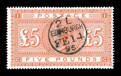 93, 1882 £5 Bright orange on white paper, a most attractive example of this rare and popular stamp, with radiant rich color and a well incised impression on fresh paper, nicely
cancelled by a complete Edinburgh 1896 c.d.s., very fine 1985 RPS c