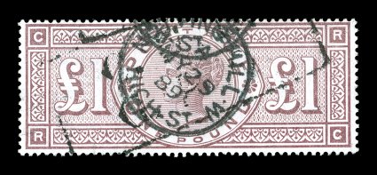 123, 1888 £1 Brown violet, watermark Three Orbs, strong rich color, fairly well centered, c.d.s. and boxed postmarks, small trivial wrinkle at top, otherwise fine (S.G. 186
£3,800).