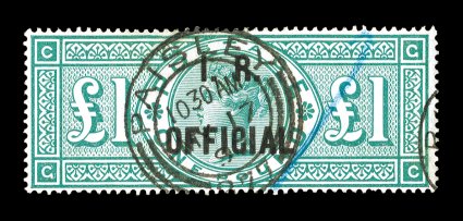 O15, 1892 £1 Green, I.R.Official overprint, nicely centered, impressive rich color on fresh paper, socked on the nose Paisley c.d.s and a blue crayon cancel, tiny thin speck at
top, otherwise a fine example of this seldom offered official cl