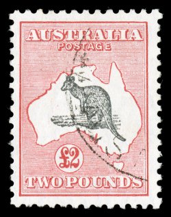 102, 1930 £2 Dull red and black, brilliantly rich colors, nicely centered, unusually light cancel, very fine (S.G. 114 £650).