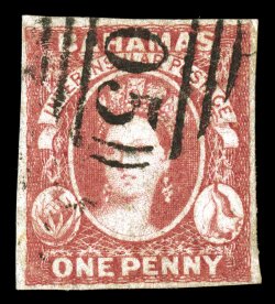 1a, 1859 1p Reddish lake on thick paper, handsome used single, large margins all around, strong color and impression, neatly struck portion of A05 cancel, a very fine and
highly select example of this rare classic stamp 1968 BPA certificate (