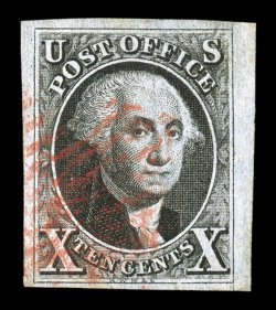 2, 10c Black, a highly select example, with large to huge margins all around, strong color and a crisp impression, light red grid cancel, extremely fine 1980 PF
certificate.