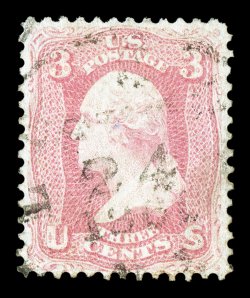 64, 3c Pink, strong true Pink color, light 1861 year date cancel, well centered, very fine Scott lists an 1861 year date cancel as a premium cancel, but has a dash in the price
column 1972 PF certificate.