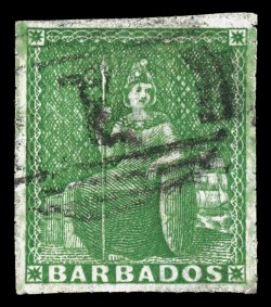 10, 1859 (12p) Pale yellow green, pin-perforated 14, well margined single with numeral 1 in bars cancel, scissors separated as always, clipping a few perfs. in the large top
margin, a choice and very fine example of this scarcer value clear
