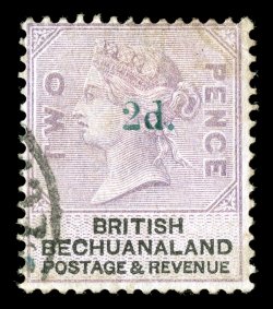 27, 1888 2d. surcharge in green on 2p Lilac, strong color, light face-free cancel, faint soiling, trivial corner crease and a small blue mark at bottom left, fine appearance a
presentable example of this rare stamp 1993 Brandon certificate (