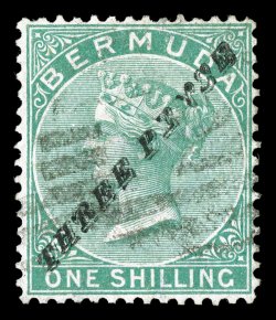 12, 1874 Three Pence surcharge on 1- Green, an unusually choice example of this scarce stamp, lovely rich color, nicely centered, light cancel, very fine 2004 BPA certificate
(S.G. 13 £850).