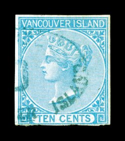 4, 1865 10c Blue imperforate, mostly full margins, a little close at bottom but clears, lovely rich color and a clean impression, light oval pmk., very fine 1998 Greene
Foundation certificate (Unitrade C$1,500.00).