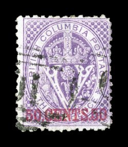 17, 1869 50.CENTS.50 surcharge on 3p Violet, bright rich color, relatively light cancel, fine and scarce 1998 Greene Foundation certificate (Unitrade
C$1,000.00).