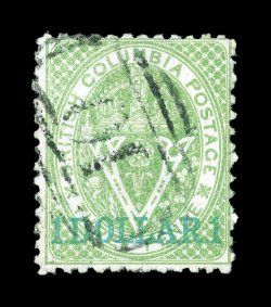 18, 1869 1.DOLLAR.1 surcharge on 3p Green, lovely fresh color, fairly light cancel, fine an especially challenging stamp to find used 2000 Greene Foundation certificate
(Unitrade C$1,800.00).