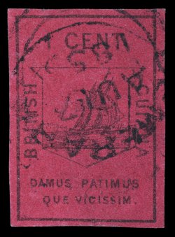 6, 1852 1c Black on magenta surface-colored paper, an extraordinary quality example of this rare stamp, with unblemished deep red surface color, four large margins, neatly
cancelled with DemeraraJY31 1855 double arc c.d.s., extremely fine sc