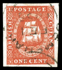 8, 1853-59 1c Vermilion, without line above value, an outstanding example of this scarce stamp, possessing eye-arresting radiant color and an intense prooflike impression on
fresh paper, four large to extra-large margins, neat Demerara c.d.s., e