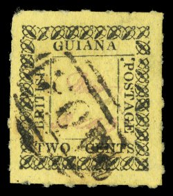 38, 1862 2c Black on yellow, impressive example with roulettes on all four sides, bright paper color, very fine 1988 BPA certificate (S.G. 119 £375).