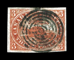 1, 1851 3p Red on laid paper, four full to mainly large margins, lovely bright rich color and a crisp impression, complete target cancel, just a faint hint of a crease,
otherwise choice very fine (Unitrade C$1,600.00).