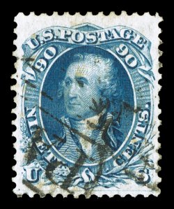 72, 90c Blue, premium used copy of this high value, exceedingly well centered within extravagantly large margins, strong rich color, face-free c.d.s. and Paid in lozenges
cancels, extremely fine 1989 PF certificate and 2009 PSE certificate (X